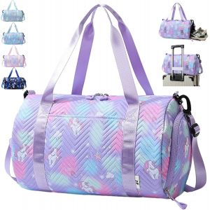 KALANKA-25L Imperméable Sac de Voyage, Sac de Sport Fille, Licorne Sac Weekend Enfant, Sac Voyage Cabine Avion, Travel Bag pour Gym Sport avec Compartiment à Chaussures et Poche Humide (Violet) - Neuf