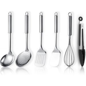 Kal-Ensemble D`Ustensiles De Cuisine En Acier Inoxydable 6 Pièces Comprend Un Ensemble De Spatules En Métal, Une Écumoire, Une Louche, Une Pince, Un Fouet, Des Gadgets De Cuisine Essentiels - Neuf