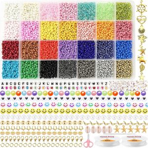 Tianyi-28 Couleurs Perles Pour Bracelet, 8901pcs 3mm Perles De Rocaille, Perles Pour Bijoux, Kit Bracelet Avec 510 Pièces Perle Lettre Souriantes Pour Colliers Boucles D'oreilles La Décoration De Bri - Neuf