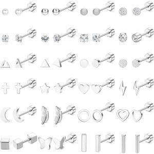 Senior-24 Paires Petite Boucles D'oreilles Femme Acier Chirurgical Boucles D'oreilles Cartilage Hypoallergénique Etoile Lune Perle Cz Clou D'oreille Plat Ensemble Piercing Bijoux[L108] - Neuf