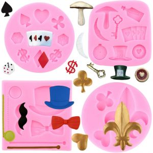 Kalanka-Lot De 4 Moules En Silicone En Forme De Poker, Motif Chapeau Alice Wonderland, Fondant, Tamis, Cartes &Agrave; Jouer, Chocolat, Noeud Papillon, Moustache, Bonbons, D&eacute;coration De G&acirc;teaux, P&acirc;te &Agrave; Sucre-Kalanka - Neuf