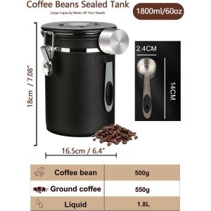 Tianyi-Boîte À Café Hermétique, Bocaux De Stockage Conservation Avec Cuillère Doseuse, Valve De Co2 Et Cadran Dateur, Sec Saveur Pour Café En Grains Moulu Noix Sucre Pâtes 1.8l (Lot De 2 - Noir) - Neuf