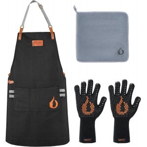 Ulteronixshop-4 Pcs Kit Tablier de Barbecue, Comprenant 1 Tablier de Cuisine Homme Femme, 1 Paire de Gants Barbecue et 1 Chiffon de Nettoyage, Cadeau pour Amateurs de BBQ, P&egrave;res ou Amis - Neuf