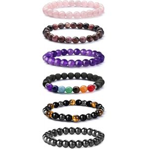 6 Pi&iquest;&iquest;Ces Bracelet Pierre Naturelle Homme Femme - Quartz Rose, Am&iquest;&iquest;Thyste, Onyx Noir, ?Il De Tigre - Perles Couples Stretch Bijoux - Neuf