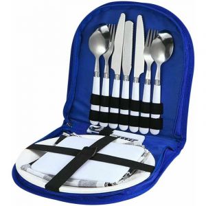 (Bleu) Ensemble De Couverts De Camping, 12 Pi&egrave;ces Avec Couteau, Fourchette, Cuill&egrave;re, Assiette Et D&eacute;capsuleur Pour La Cuisine De Voyage, Le Camping Et La Randonn&eacute;e - Neuf