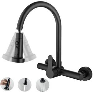 Robinet de cuisine mural noir, robinet d'&eacute;vier de cuisine mural, 2 modes de pulv&eacute;risation, pivotant &agrave; 360&deg;, acier inoxydable - Neuf