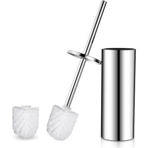 KAL-Brosse Toilettes Wc Avec Porte Brosse Wc Au Sol Balayette Wc Contient 2 Têtes De Brosse Blanc Et Supports Balai Wc En Acier Inoxydable Argent Chrome Pour Salle De Bain Et Wc - Neuf
