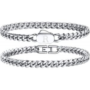 Eryi-Bracelets Initiales Pour Hommes, 2 Pièces Bracelet Lettres A-Z Bracelet Argent Homme Acier Inoxydable Bijoux Homme Personnalisé Cadeaux Pour Papa Petit Ami Mari Fils - Neuf