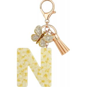 KAL-Porte-Cl&eacute;s Beige Avec Lettre Porte-Cl&eacute;s Fille Initiale Cadeau Femmes Porte-Cl&eacute;s Papillon D&eacute;corer Pour Sac Sac &Agrave; Dos Porte-Clef Gland Or Porte-Clef Femme A-Z - Neuf