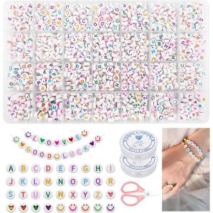 1400 Pièces Perle Lettre Colorée,7*4 Mm Acrylique Ronde Perles Lettres Pour Bracelet,Perle Alphabet A-Z Avec Sourire Et C?Urs,Fil Elastique Et Ciseaux,Pour Bricolage,Fabrication,Bijoux - Neuf