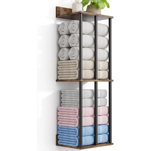 SUBZONAL-Porte-Serviettes Mural avec &Eacute;tag&egrave;re en Bois, Support 3 Barres M&eacute;tallique pour Serviettes Roul&eacute;es, Grande Capacit&eacute; et Robuste, Organisateur de Rangement pour Salle de Bain - Marron Rustique - Neuf