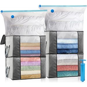 lbgwp60-Kit De Rangement Housse De Rangement Sous Vide Grande Capacité Xxl, 4 Sacs Sous Vide, 4 Sacs De Rangement En Non-Tissé Et 1 Pompe, Réutilisable Pour Duvet Couette Oreillers Vêtements La Liter - Neuf