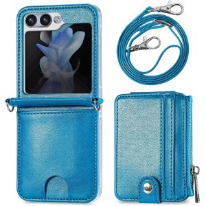 Sansh-Coque De Protection Pour Téléphone Portable Samsung Galaxy Z Flip 6 5g Avec Chaîne, Fermeture Éclair En Cuir Galaxy Flip 6 Avec Compartiment Pour Cartes Et Cordon À Porter Autour Du Cou - Bleu - Neuf