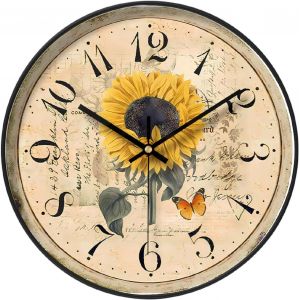 FCHHK-Horloge murale d'été de 30,5 cm, motif tournesol, shabby chic, rétro, rural, style pastoral floral, fonctionne avec des piles, à quartz, silencieuse, pour bureau, salon, chambre à coucher, - Neuf