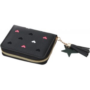 CAUC-Porte Monnaie Fille en PU Cuir,Mini Porte Monnaie avec Pendentif,4 Emplacements Cartes,2 Sac &agrave; Monnaie,1 Poche &agrave; Fermeture &Eacute;clair,Moins de 10 Euros,Noir et Motif Coeur - Neuf