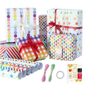 Papier cadeau kraft recyclable 50x70 cm - Lot de 6 feuilles, ficelle de chanvre 20 m et autocollants. Id&eacute;al pour mariages, No&euml;l et cr&eacute;ations artistiques. 0,22 kg, 35x25 cm pli&eacute;es. - Neuf