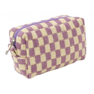 Femmes Simple Style Damier Tricot&eacute; Sac &Agrave; Cosm&eacute;tiques Grande Capacit&eacute; Organisateur Crayon PocheJaune Violet - Neuf