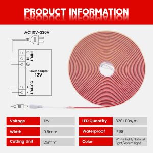 12v Ruban Led Cob Autocollant,320leds/M Ip68 &Eacute;tanche Super Lumineux Bandeau Flexible Ruban Led Light Strip Pour Escalier,Chambre,No&euml;l,F&ecirc;te,Int&eacute;rieur/Ext&eacute;rieur (Blanc Naturel,8m) - Neuf