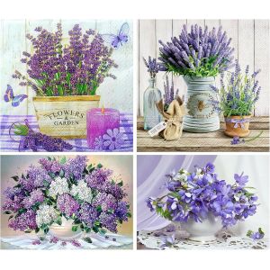 Ayuhr-Lot De 4 Diamond Painting Fleur Violet 30x40cm - Lilas, Orchidée, Bouquet Avec Papillon - Peinture Diamant En Vase - Plante - Neuf