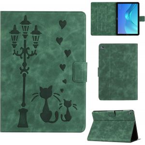 Eryi-Coque Pour Huawei Mediapad M5 10/10 (Pro) 2018 10.8 Pouces Modèle Cmr-Al09/W09/Al19/W19 Housse En Similicuir Avec Support, Un Couple De Chats Amoureux Sous Le Lampadaire Imprime, Vert - Neuf