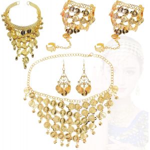 Kalvd-6 Pièces Bijoux Danseuse Orientale,Collier Danse Orientale,Bijoux Indien Femme Bollywood,Bohème Pièce D'or Bijoux,Danse Du Ventre Plaqué Or Pour Femme Bijoux,Boucles D'oreilles Bohèmes En Or - Neuf