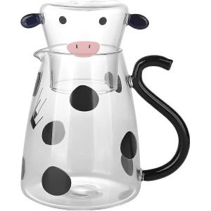 Pichet A Eau En Verre Avec Gobelet 500 Ml, Bec Verseur En V, Resistant A La Chaleur, Joli Pichet En Verre Transparent En Forme De Vache, Portable, De Chevet, Tout-En-Un - Neuf