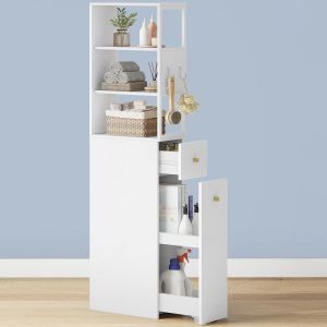 SUBZONAL-Meuble de Salle de Bain Haut, Armoire de Rangement Fin, avec 2 Compartiments Ouverts, 2 Tiroirs et roulettes, Meuble de Cuisine, pour Petits Espaces, 40 x 20 x 140 cm Blanc BC32003W - Neuf