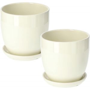ERYI-® Lot De 2 Pots De Fleurs, En Céramique, Pour Fleurs, Plantes, Diamètre : 15 Cm, Avec Bac D'Égouttement, Beige - Neuf