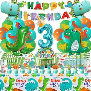 Eryi-Dinosaure Decoration Anniversaire Ballon,Dinosaurs Fête Déco 3 Ans,104 Pcs Jungle Vaisselle Set Avec Nappe Assiette Gobelet,Dinosaure Anniversaire Enfant,Dino Ballons En Aluminium - Neuf