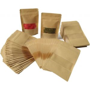 KYAOAYO-100Pcs 9 * 14Cm Pochette Sac Sachets Zip En Papier Kraft À Fenêtre Mini Paquet Biodégradable Enveloppe Pour Semences Bonbons Graines Cadeau Bijoux (9 * 14Cm 100Pcs Marron) - Neuf