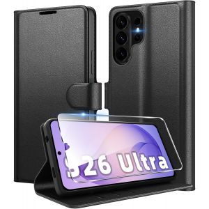 ELVORIX-Coque pour Samsung Galaxy S26 Ultra en Premium Cuir PU, Portefeuille Housse Etui pour Cartes Protection Anti-Choc Flip Case avec 1 Verre Tremp&eacute; Noir - Neuf