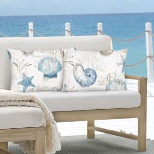 Eryi-Lot De 2 Housses De Coussin Décoratives - 30 X 50 Cm - Coquillage - Corail - Étoile De Mer - Thème Océan - Pour Canapé, Chambre À Coucher, Maison - Neuf