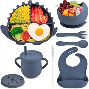 Kal-Silicone Assiette Pour B&eacute;b&eacute; Set Vaisselle 8 Pi&egrave;ces Antiderapant Coffret Repas Avec Ventouse Bol Cuill&egrave;re Fourchette Bavoir Tasse Couvercle Sans Bpa Set Repas Pour Enfant Gar&ccedil;on,Bleu Dinosaure - Neuf