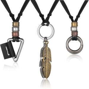 Trahoo-Lot De 3 Colliers En Cuir Pour Homme Marron/Noir - Rétro Avec Pendentif - Chaîne Réglable Pour Homme, Acier Inoxydable - Neuf