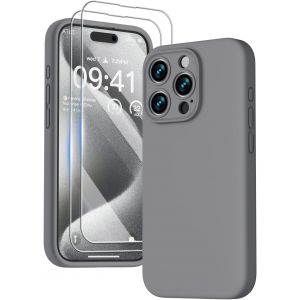 3 En 1 Coque Iphone 15 Pro Silicone Liquide - Avec 2 Verre Trempé - Étui Protection Précise De Caméra [Résistant Aux Rayures] [Antidérapant] Iphone 15 Pro Case 6.1"", Gris - Neuf