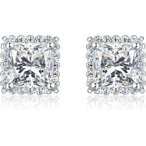 Women's 925 Sterling Silver Earrings Set With Coloured Stones And Zirconia, Silver Square Earrings With Blue, Red, Green Or White Stones - Neuf