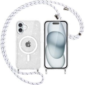 LORANKA-Couqe Magn&eacute;tique pour iPhone 16 Con Cordon 6,1"", Compatible avec MagSafe, Transparent Glitter Paillet&eacute; Antichoc Anti-Rayures Housse R&eacute;glable Collier Bumper Case pour iPhone 16, Blanc - Neuf