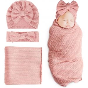 Tianyi-Couverture De Réception Pour Nouveau-Né Et Child Chaud Pour Fille Avec Bonnet Et Bandeau À N?uds Assortis - Neuf