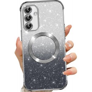 SJZG-Coque Magn&eacute;tique Pour Samsung Galaxy S25 5G, Etui &Agrave; Paillettes Compatible Avec Magsafe, Antichoc Charge Sans Fil Housse Pour Samsung S25, Avec 2 Verre Tremp&eacute;, Noir - Neuf
