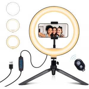 LORANKA-Ring Light avec T&eacute;pied, 10"" Tr&eacute;pied Smartphone avec 10 Luminosit&eacute; 3 Modes d'Eclairage, Trepied Smartphone avec Lumiere pour Maquillage, Photographie, Youtube et Vid&eacute;o Selfie - Neuf