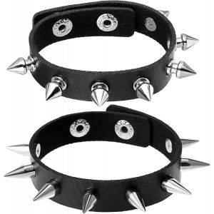 Asas-2 Pièces Noir Bracelet À Clous En Cuir Bracelet Punk Rock Avec Clous Bracelet D'halloween Réglable Punk Bracelet À Pointes Gothique Avec Clous En Métal Manchette Bijoux Pour Hommes Femmes - Neuf