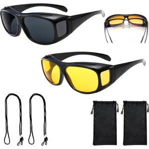Kathlelxh-Lot De 2 Lunettes De Conduite De Nuit Pour Homme Et Femme - Anti-Reflets - Pour Conduite En Toute Sécurité - Avec Sac Étanche Et Corde De Suspension, Noir , 5.6 X 1.7 Inch[H708] - Neuf
