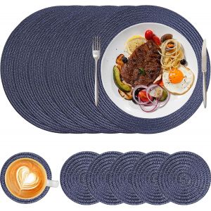 ERYI-Lot De 12 Set De Table Rond Et Dessous De Verre, 32Cm Sets De Table Lavable, Set De Table Plastique Résistantes À La Chaleur Antidérapant, Bleu - Neuf