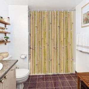 KAL-Rideau Douche Bambou, Rideau De Douche Anti Moisissure 150X200Cm Jaune Effet Bois Zen Rustique Rideaux De Baignoire Tissu Lavable Imperméable Polyester Rideaux Salle De Bain Avec 10 Crochets - Neuf