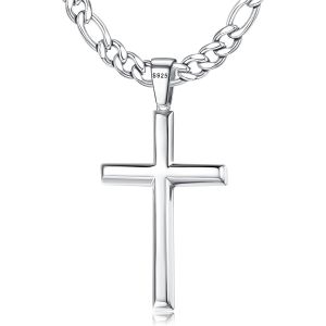 Kal-925 Argent Croix Pendentif Collier Pour Homme Femme 5mm Durable En Acier Inoxydable Diamant Figaro Ou Collier De Chaîne Sertie 18k Or Blanc Plaqué Or Rose Pendentif Croix Poli Fin Collier Croix - Neuf