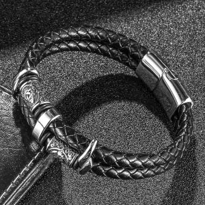 Bracelet Homme Cuir, Bracelet Vikings Homme, Croix Chretienne Hommes Bracelets Acier Argent Noir, Bijoux Cadeau Hommes - Neuf