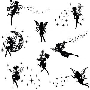 ERYI-Fée Génie Stickers Muraux Noir - Silhouette Amovible Sur La Lune Et Les Étoiles - Décoration Pour Chambre À Coucher, Nursery, Réfrigérateur, Fenêtre - Neuf