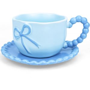 Eryi-350 Ml Bleu Boucle Tasse À Café Cute Mug Porcelaine Café Thé Tasse Céramique Tasse Avec Boucle Et Anse Set De Tasses À Café Avec Soucoupe - Neuf