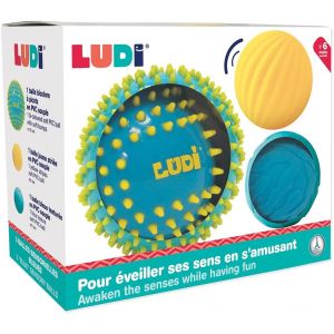 LUDI - 3 Balles Sensorielles Souples Texturées - Jouet D'Éveil Bébé - Dès 6 Mois - Développe Le Toucher, La Motricité Fine & Le Bien-Être - Diamètre: 8 & 15 cm - Bleu & Jaune - Neuf