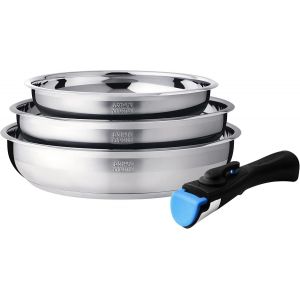 Kalanka-Am2208 Set De 3 Po&ecirc;les Acier Inoxydable Poign&eacute;e Amovible Tous Feux Dont Induction - Neuf